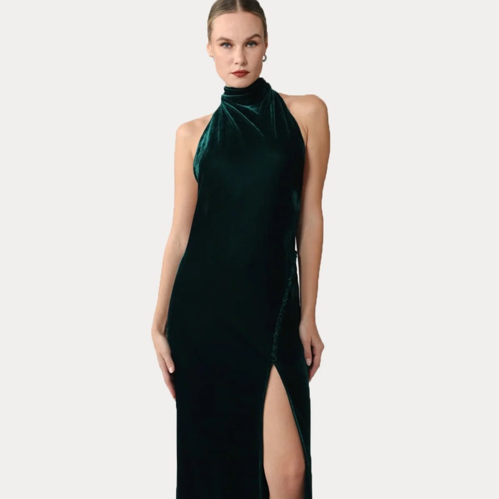 Halter Velvet Maxi Dress with Side Slit in Emerald Green